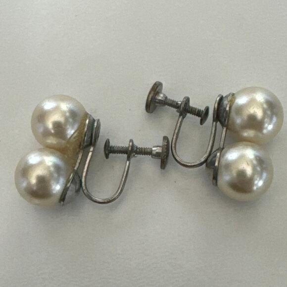 Antique Edwardian  Art Deco Vintage silver double pearl drop screwback earrings - Picture 10 of 10